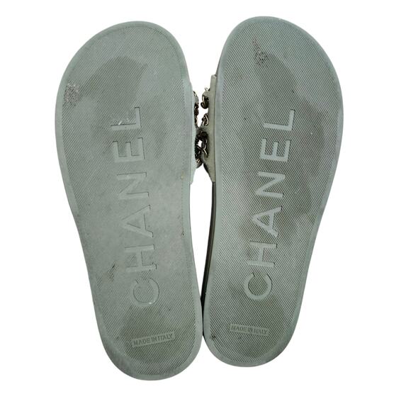 Chanel CC Chain Slide Flat Sandal Khaki Green Canvas Gold Logo 38 US 7 7.5 - Picture 7 of 10